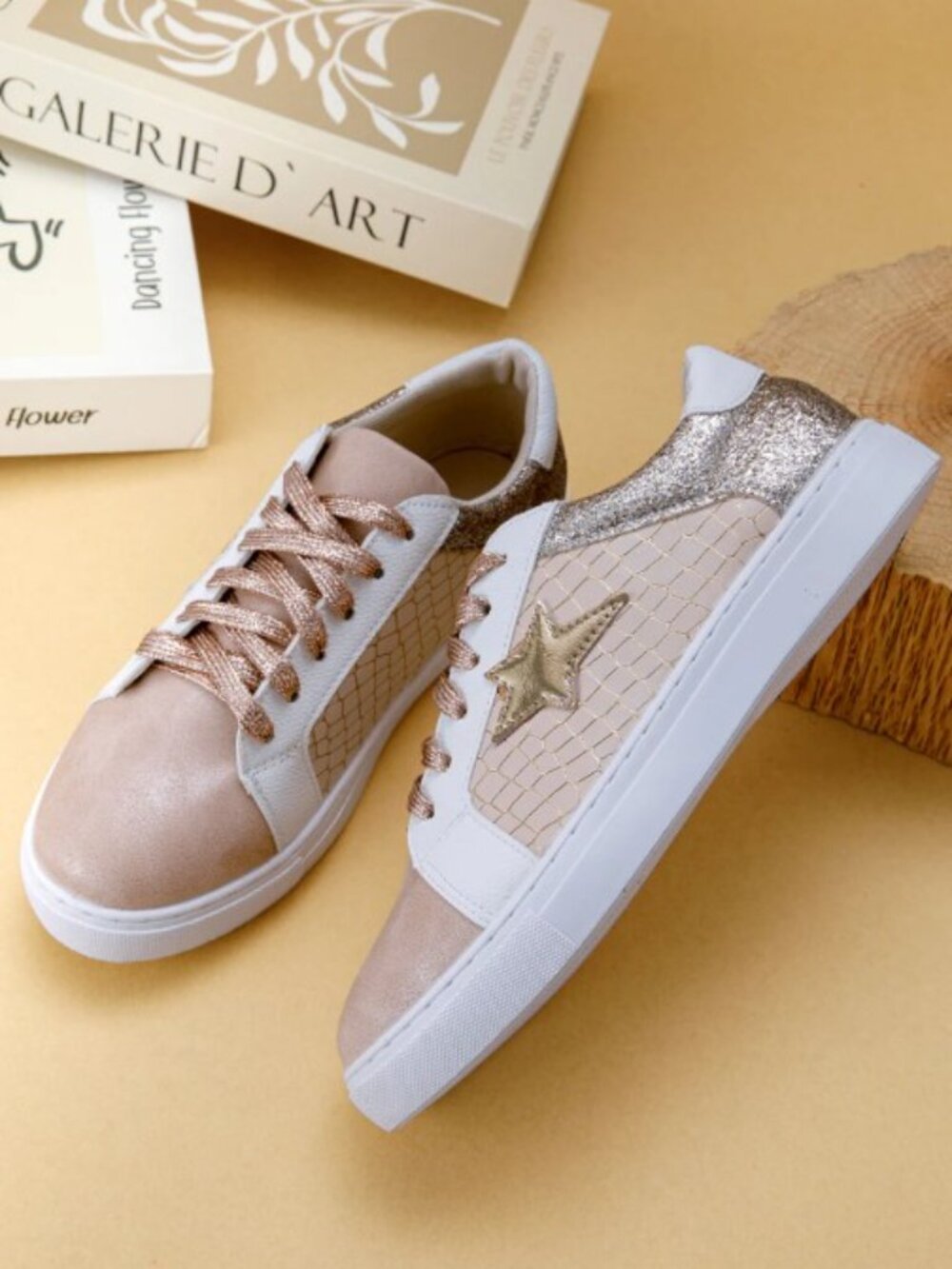 Gold Glitter Star Patchwork Leather Lace-Up Sneakers - Picture 9 of 16